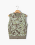 Beach Rose Co. camo print sleeveless sweater vest with a round neck and button-front detail in soft viscose fabric.