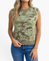 Beach Rose Co. sleeveless camo print sweater vest with a round neck and button front detail in soft viscose fabric.