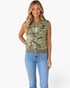 Beach Rose Co. sleeveless camo print sweater vest with a button-front design and round neck on a model.