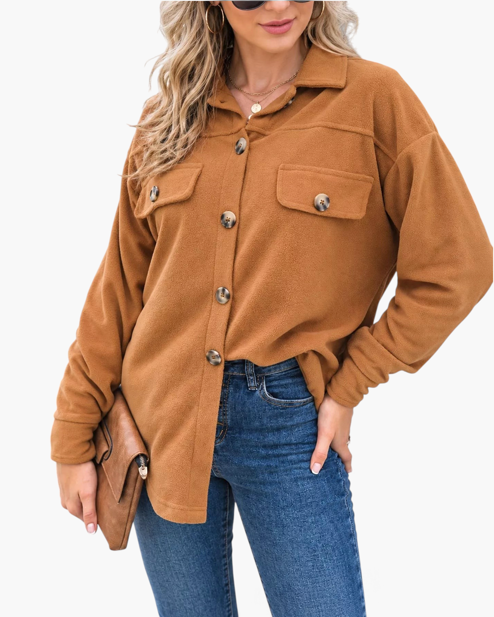 Beach Rose Co. caramel textured button-front shacket with chest pockets and a relaxed fit worn with blue jeans.