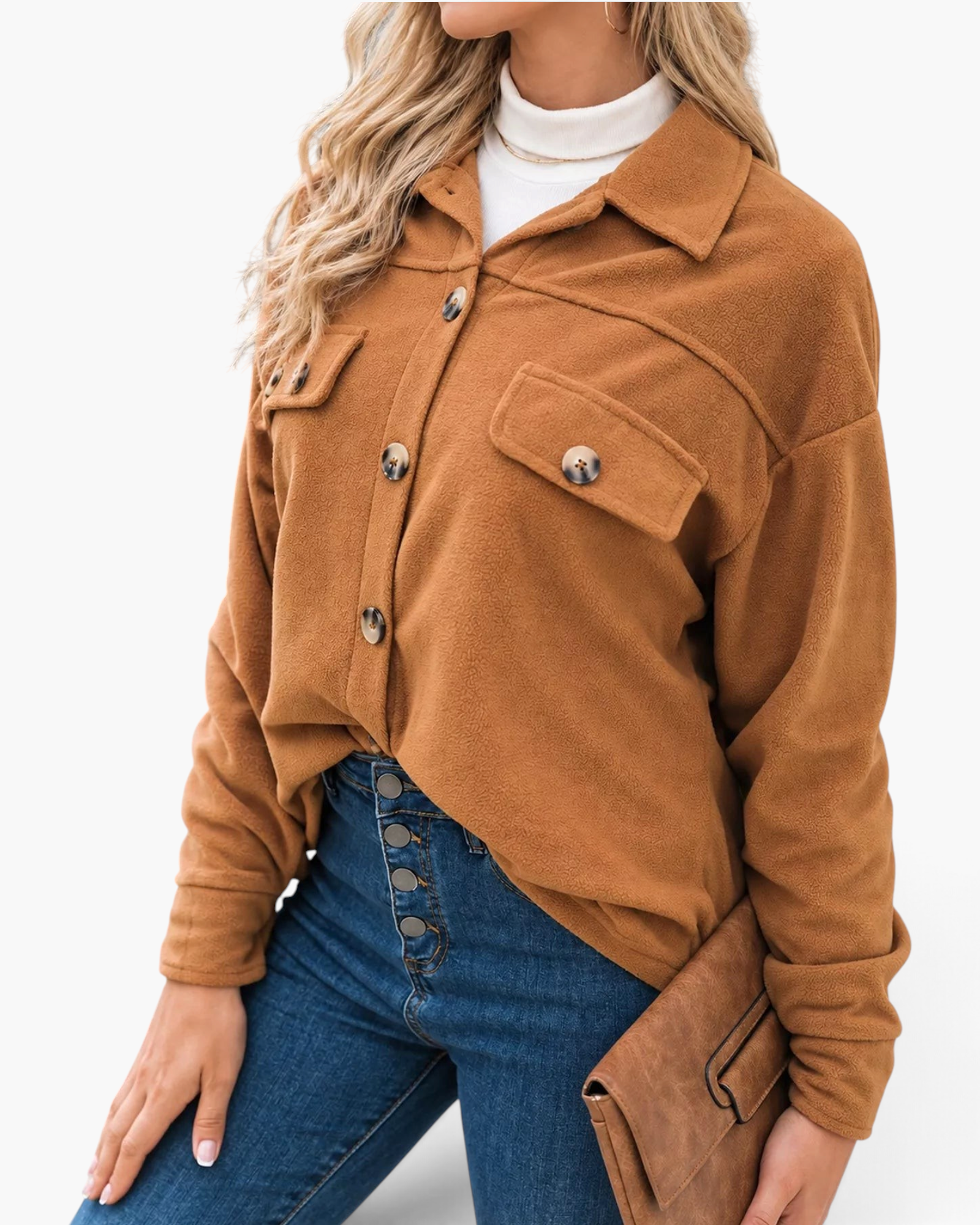 Beach Rose Co. caramel textured button-front shacket with chest pockets and dropped shoulders on a model.