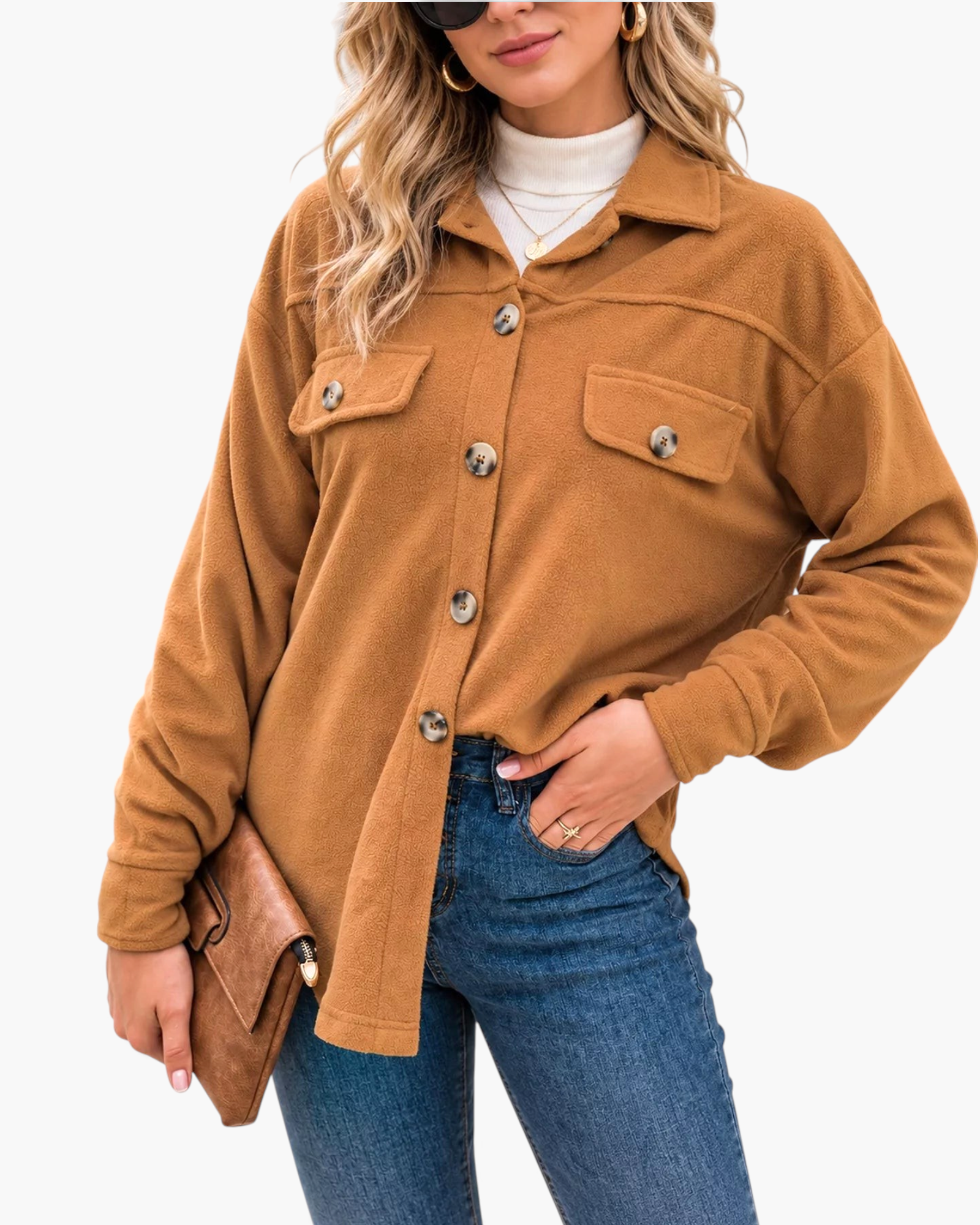 Beach Rose Co. caramel textured button-front shacket with chest pockets and a relaxed fit worn over a white top.