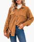Beach Rose Co. caramel textured button-front shacket with chest pockets and a relaxed fit worn over a white top.