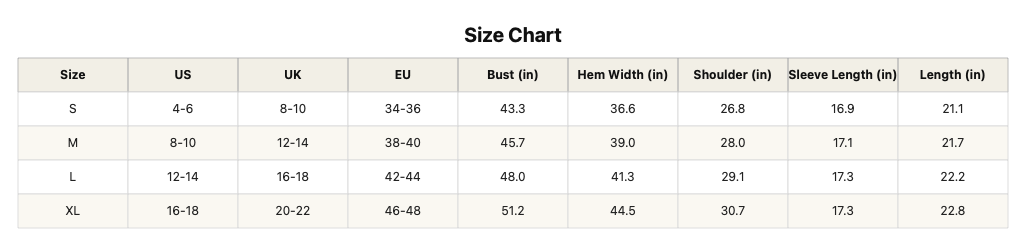 Beach Rose Co. Celia hooded drawstring pant set size chart table showing measurements for sizes S to XL