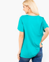 Beach Rose Co. cerulean short-sleeve graphic tee with a relaxed fit and curved hem, shown from the back on a model.