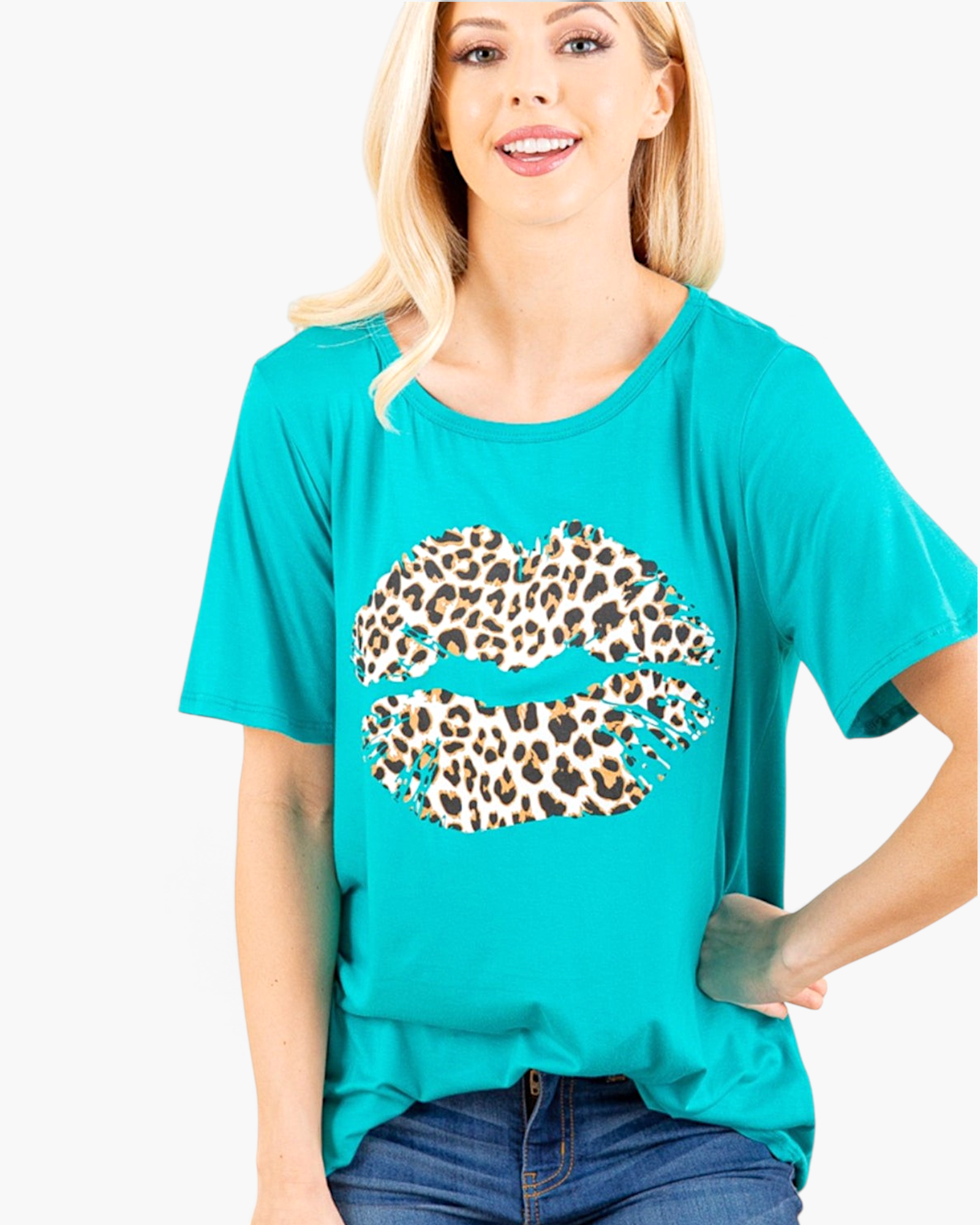 Beach Rose Co. cerulean short-sleeve graphic tee featuring a leopard-print lips design on soft stretch fabric.