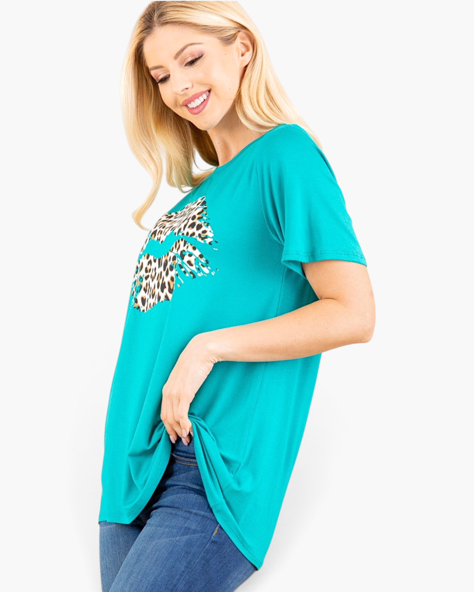 Beach Rose Co. cerulean short-sleeve graphic tee with a leopard-print lips design on soft stretch fabric