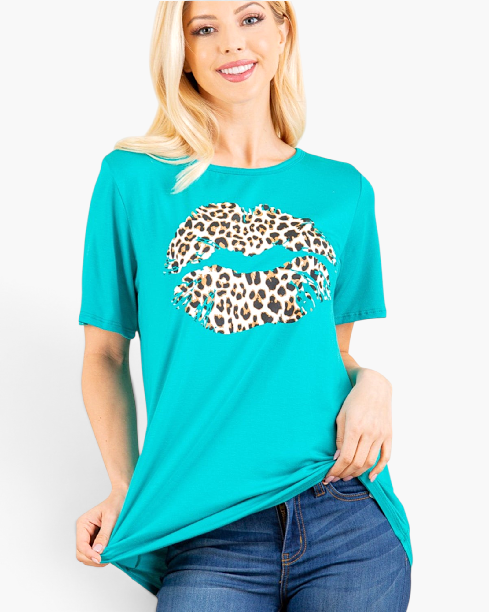 Beach Rose Co. cerulean short-sleeve graphic tee with a leopard-print lips design on soft stretch fabric
