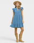 Beach Rose Co. chambray blue mini dress with ruffle sleeves, split neckline, and tiered silhouette. 100% polyester.