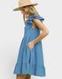 Beach Rose Co. Chambray blue mini dress with ruffle sleeves, split neckline, tiered silhouette, and side pockets. 100% polyester.