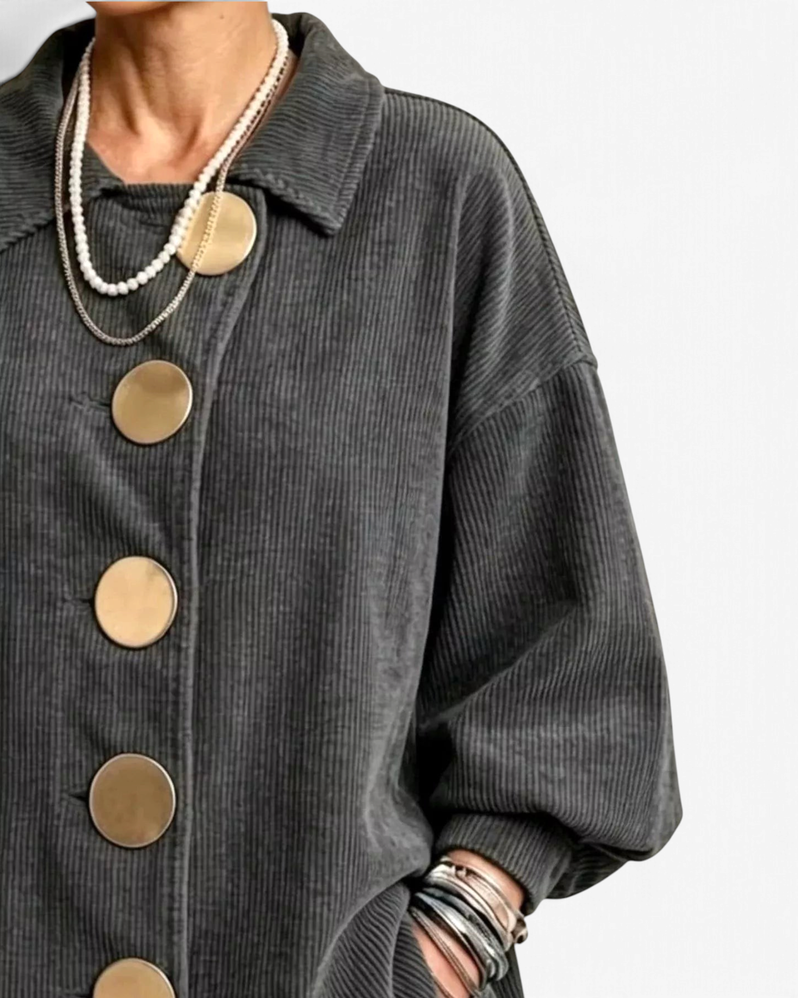 Beach Rose Co. charcoal grey corduroy shacket with oversized gold buttons and balloon sleeves