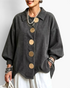 Beach Rose Co. charcoal grey corduroy shacket with oversized gold buttons, balloon sleeves, and a curved hem.