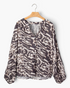 Beach Rose Co. charcoal and cream viscose blend blouse featuring a mixed animal print, split neckline and long sleeves.