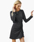 Beach Rose Co. charcoal grey long-sleeve crew neck dress with a high waist and side drawstring detail on a model