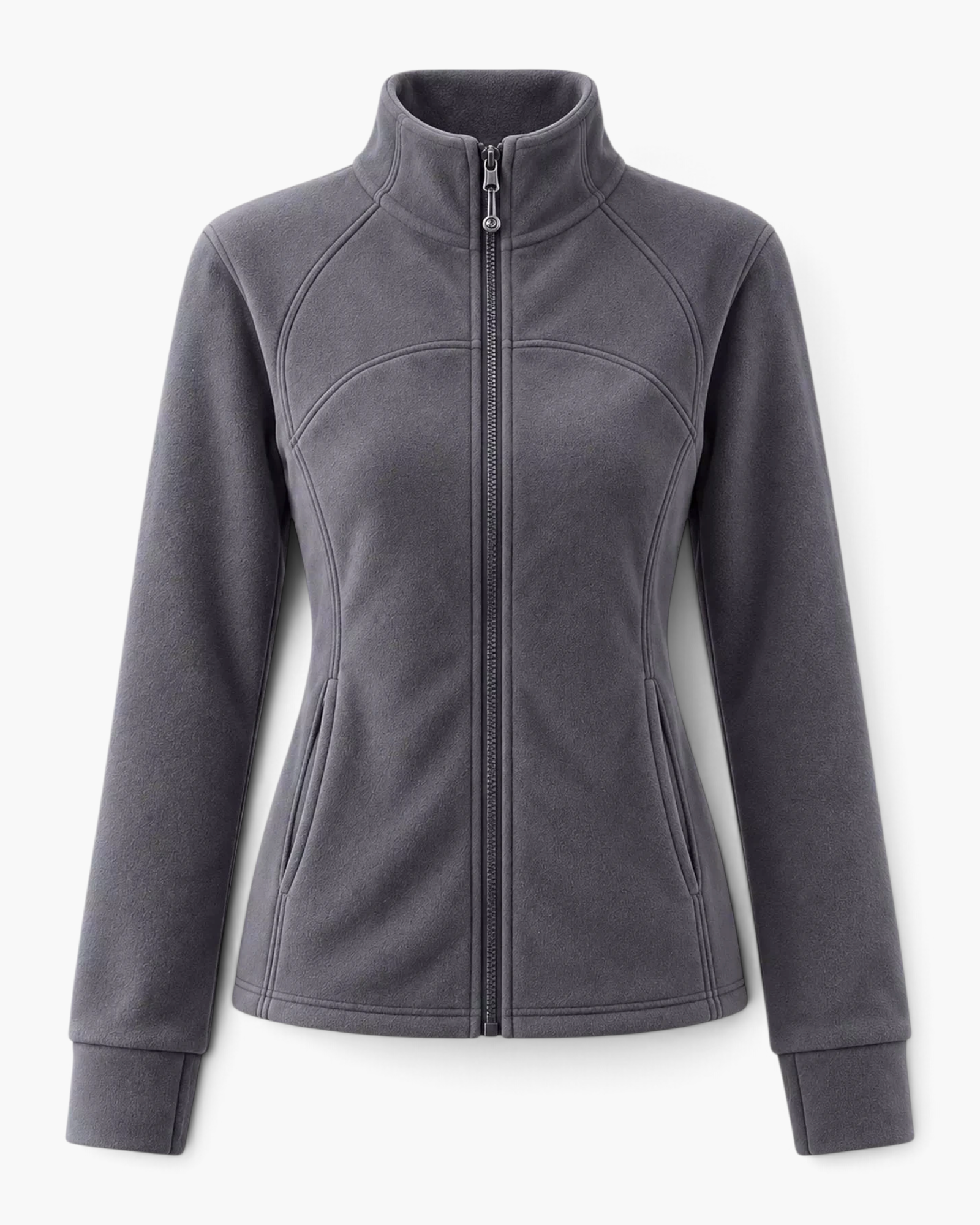 Beach Rose Co. charcoal grey polyester zip-up jacket with a stand collar and contoured seam detailing.