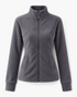 Beach Rose Co. charcoal grey polyester zip-up jacket with a stand collar and contoured seam detailing.