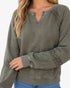 Beach Rose Co. charcoal washed sweatshirt featuring a notched neckline and delicate lace trim on raglan sleeves.