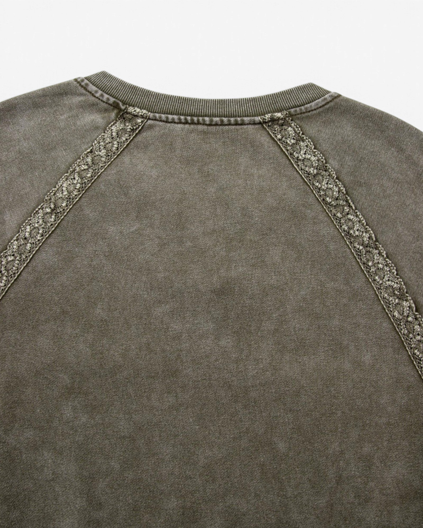 Beach Rose Co. charcoal washed cotton sweatshirt featuring intricate lace trim along the raglan shoulder seams.