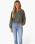 Beach Rose Co. charcoal washed sweatshirt with lace trim on shoulders and sleeves and a notched neckline on a model.