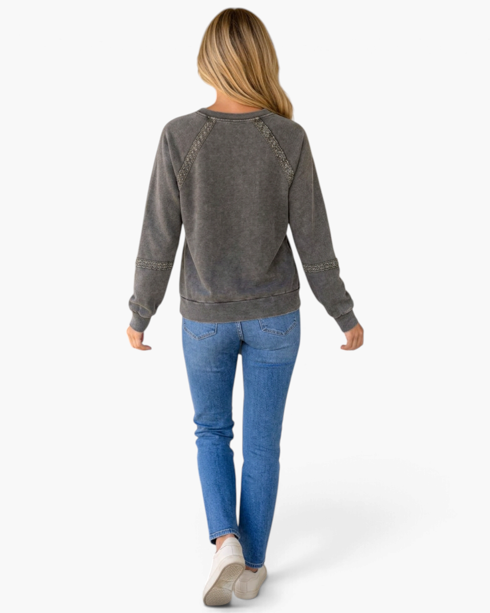 Beach Rose Co. charcoal washed sweatshirt with lace trim on sleeves and shoulders, worn with blue jeans, back view.