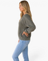 Beach Rose Co. charcoal washed sweatshirt with lace trim on sleeves and notched neckline worn by a blonde model
