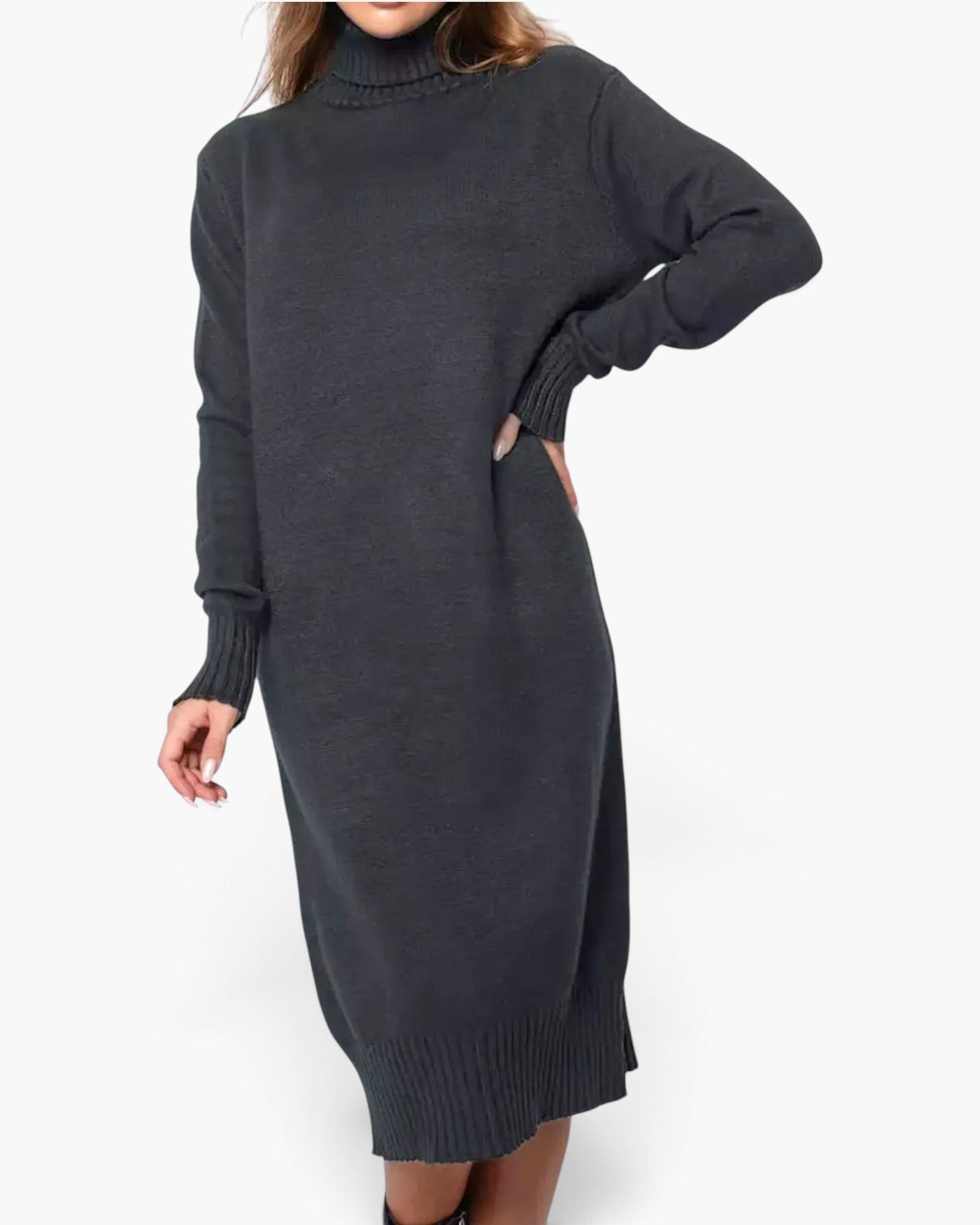 Beach Rose Co. charcoal grey midi sweater dress with a ribbed turtleneck, long sleeves, and a relaxed stretch fit.