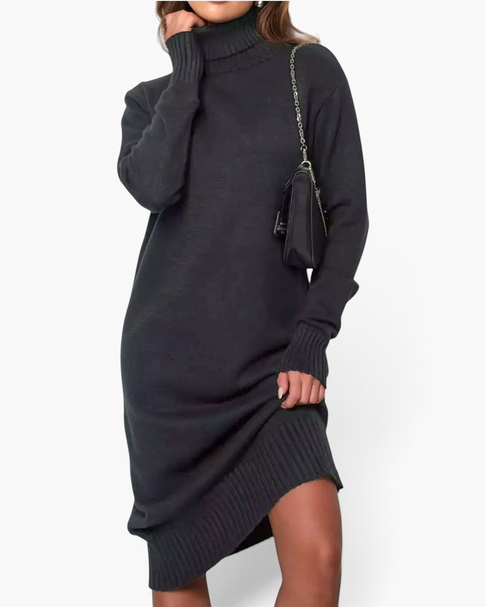 Beach Rose Co. charcoal grey midi sweater dress with a ribbed turtleneck, long sleeves, and a relaxed stretch fit.