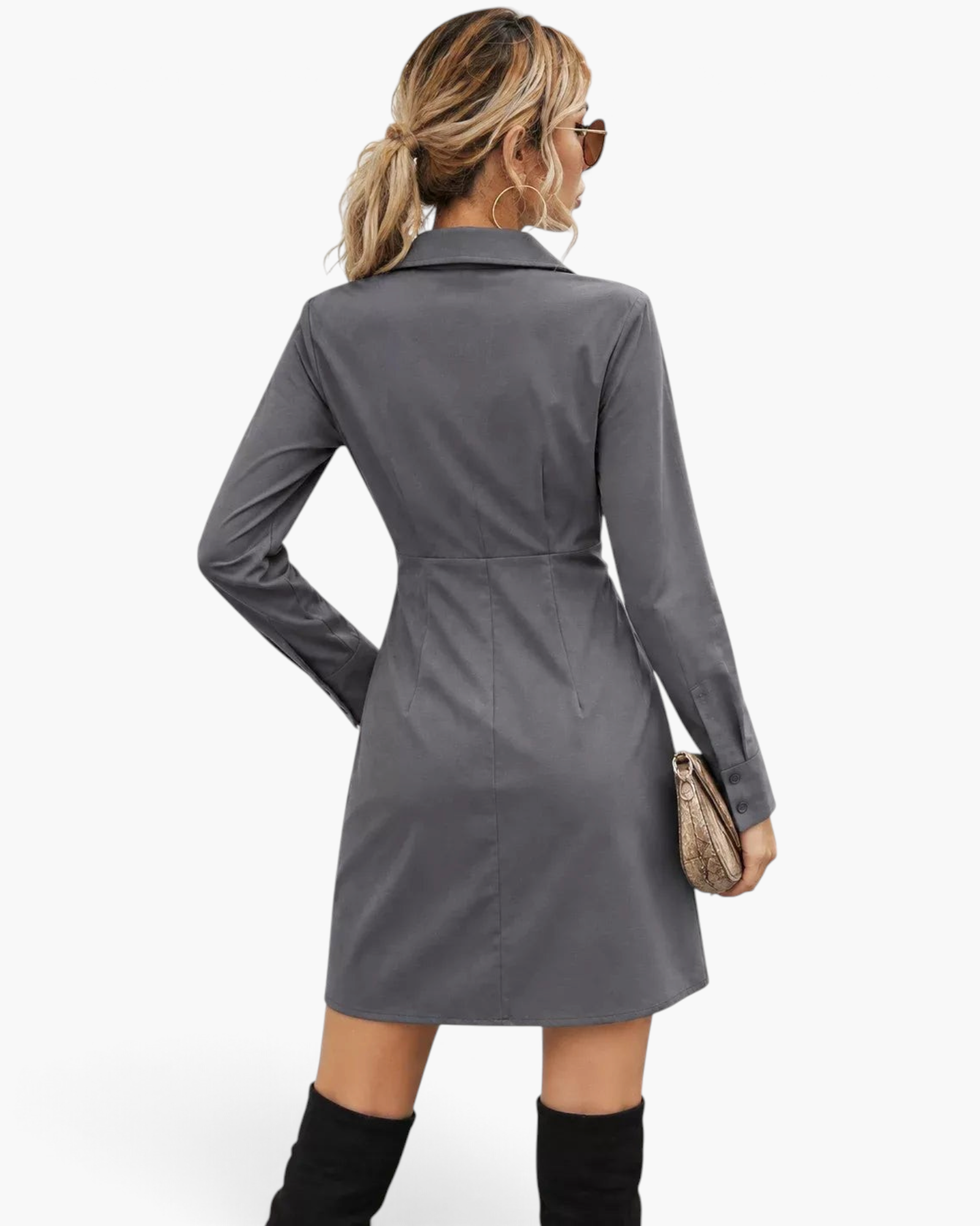 Beach Rose Co. charcoal mini shirt dress with long sleeves, pointed collar, and back darts, worn with tall boots.