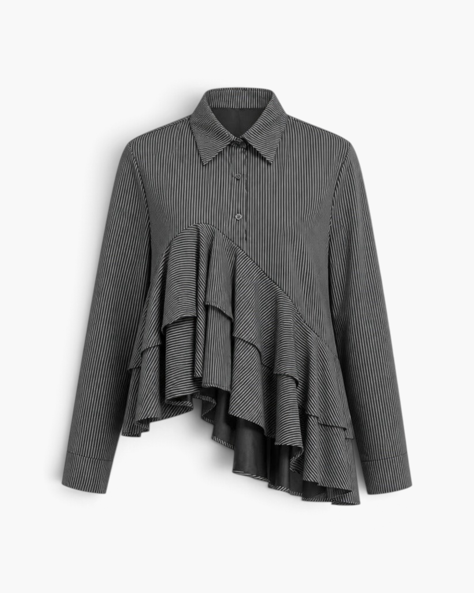 Beach Rose Co. charcoal pinstripe blouse with cascading front ruffles, collared neckline, and long button-cuff sleeves.
