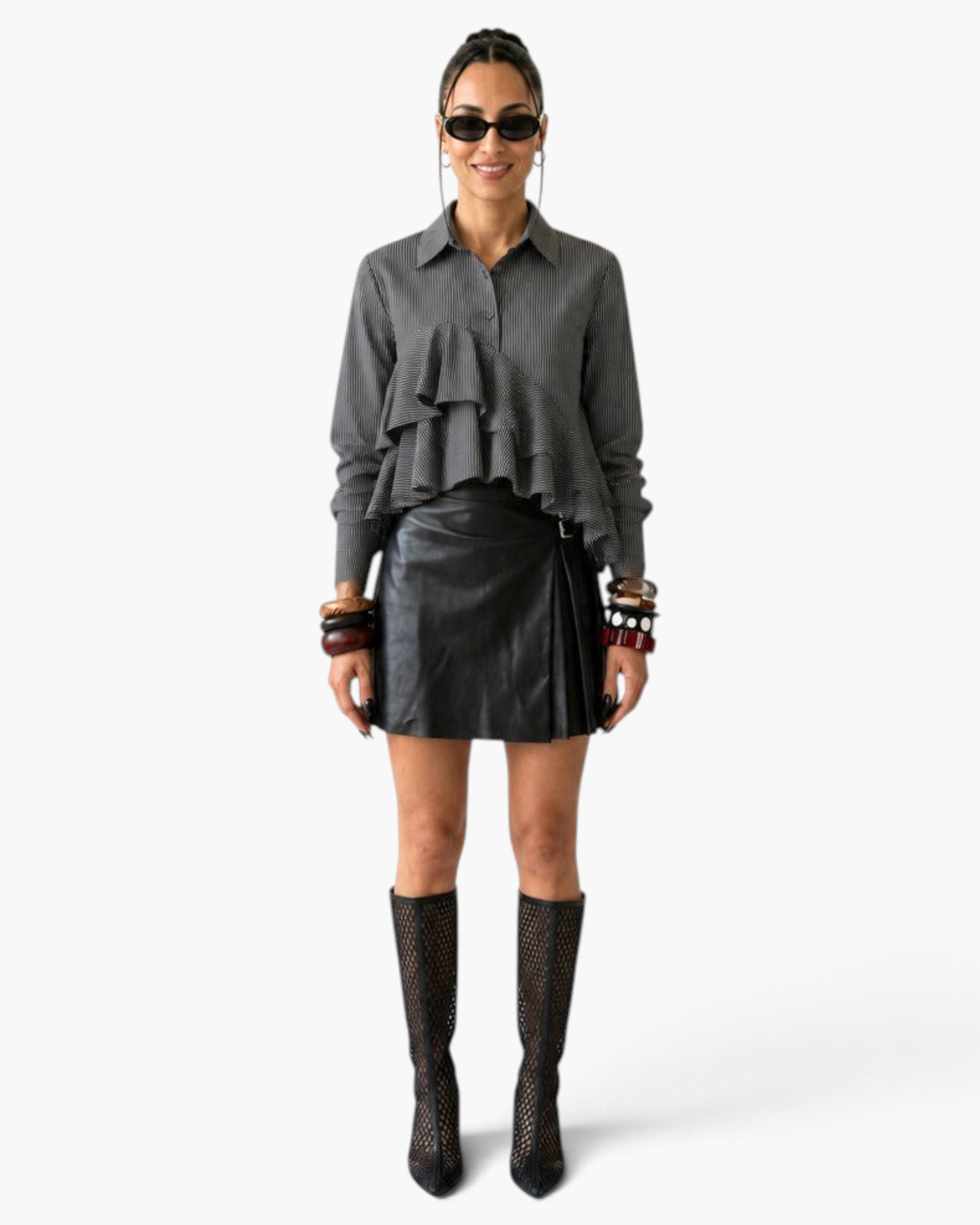 Beach Rose Co. charcoal pinstripe blouse with cascading ruffles, collared neckline, and long sleeves on a model.
