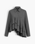 Beach Rose Co. charcoal pinstripe blouse with cascading front ruffles, collared neckline, and long button-cuff sleeves.