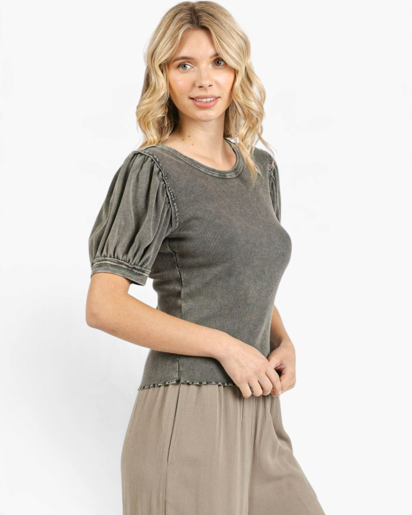 Beach Rose Co. charcoal ribbed puff sleeve top with washed finish, exposed seams, and lettuce-edge hem on a model