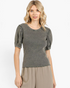Beach Rose Co. charcoal ribbed puff sleeve top with a washed finish, exposed seams, and a lettuce-edge hem.