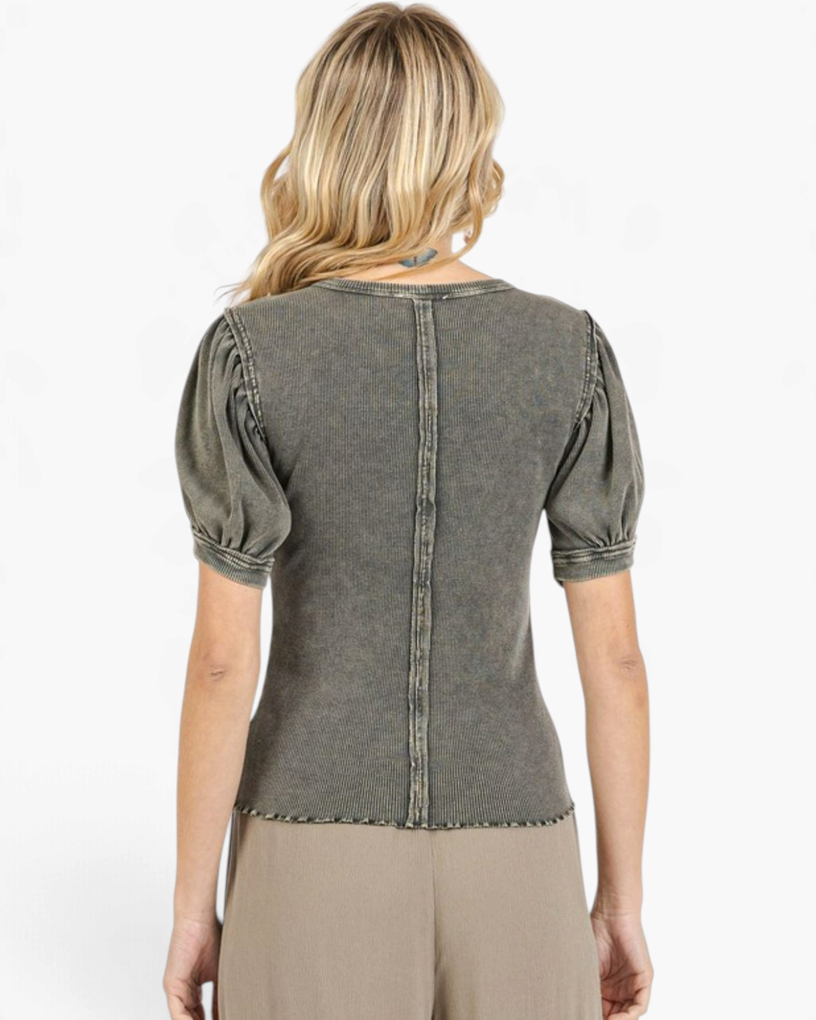 Beach Rose Co. charcoal washed ribbed top with puff sleeves, exposed back seam, and lettuce-edge hem, back view.