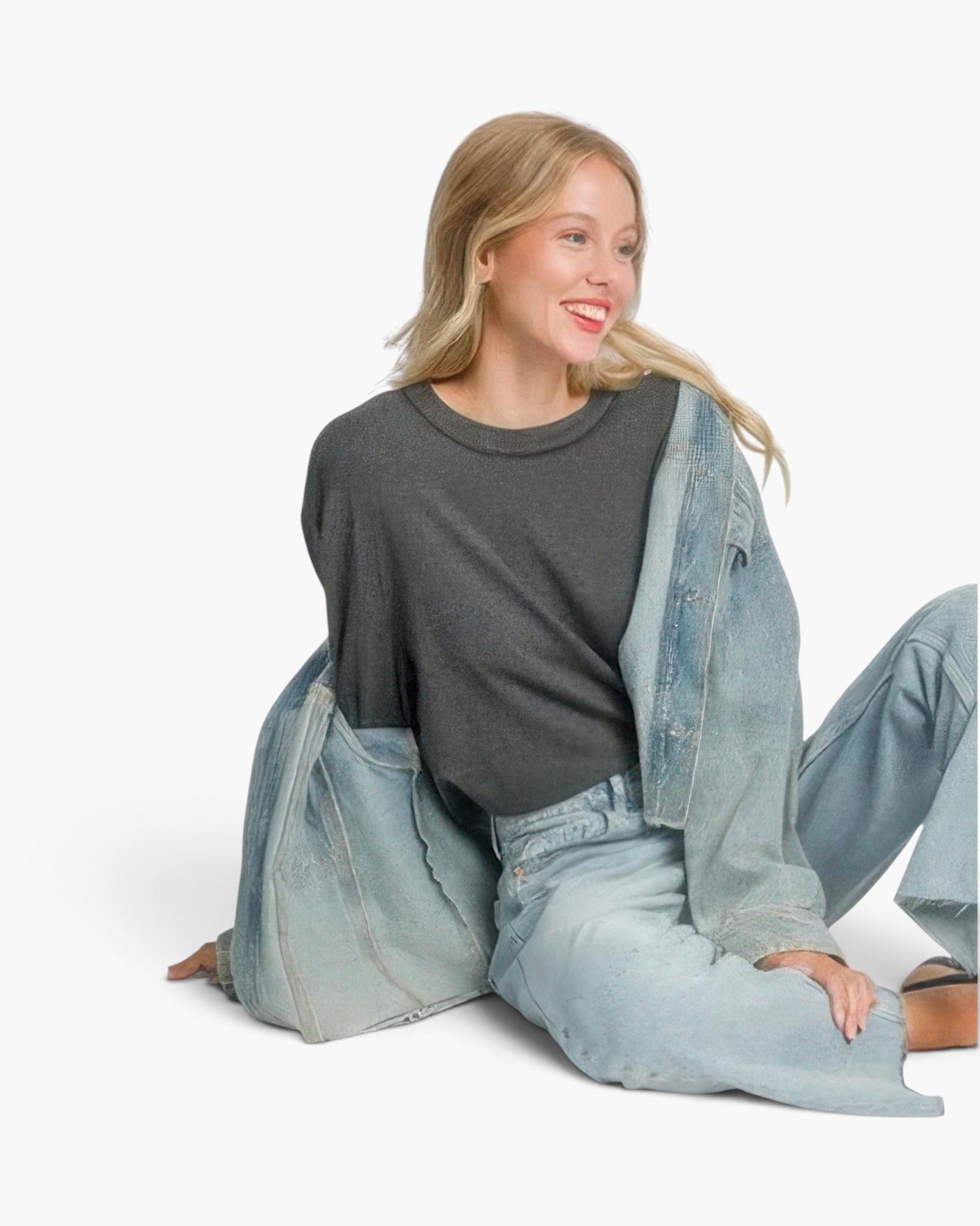 Beach Rose Co. charcoal stretch modal basic top worn by a blonde model layered under a denim jacket
