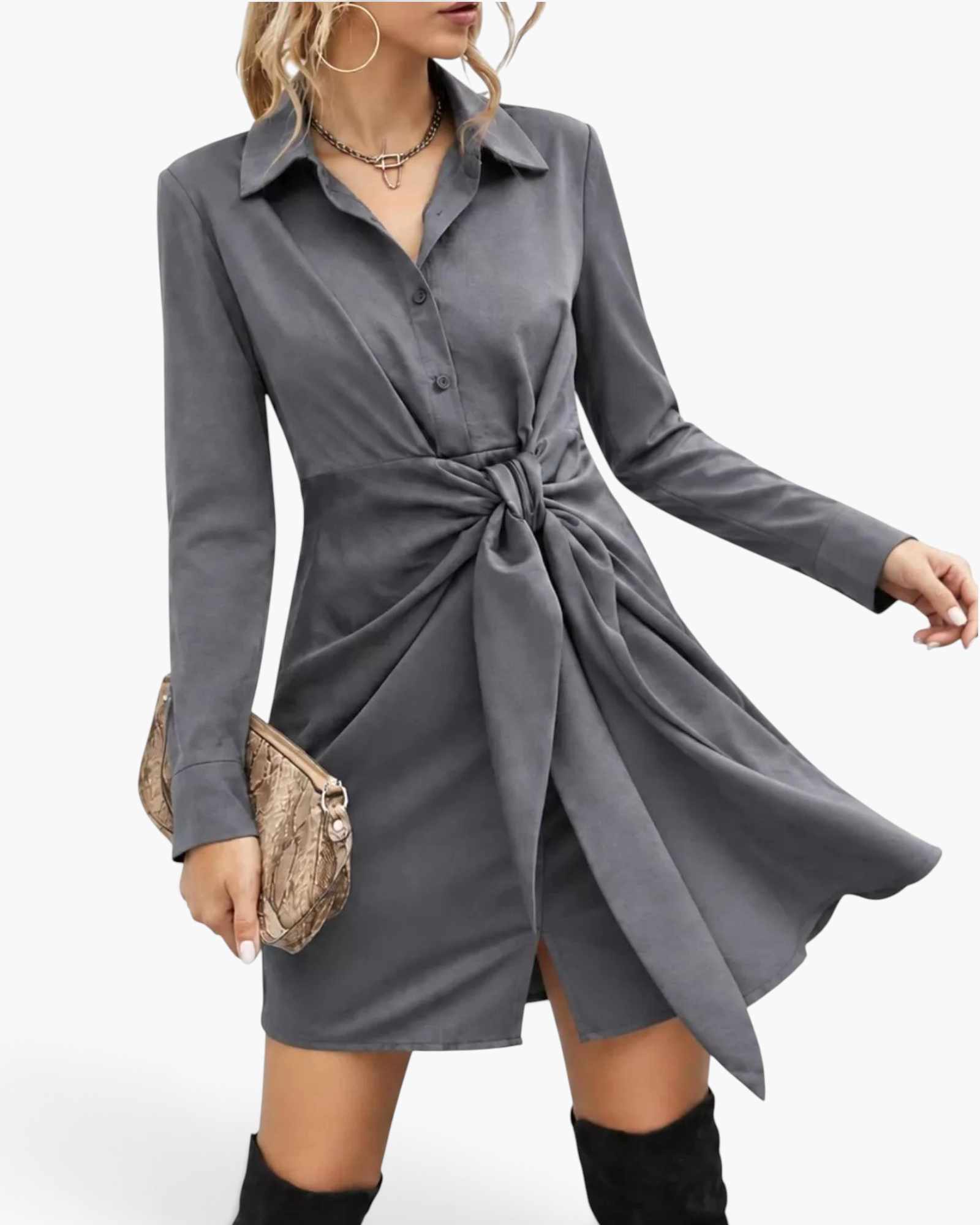 Beach Rose Co. charcoal mini shirt dress with a pointed collar, long sleeves, and a statement tie-front waist detail.