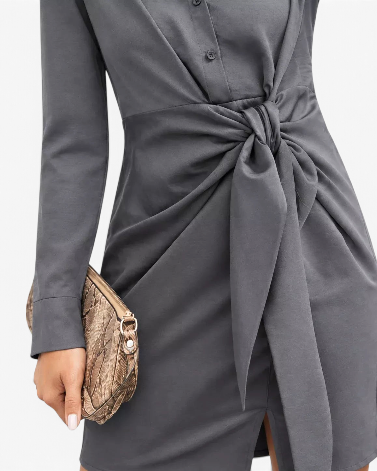 Beach Rose Co. charcoal mini shirt dress featuring a pointed collar, long sleeves, and a statement tie-front waist.