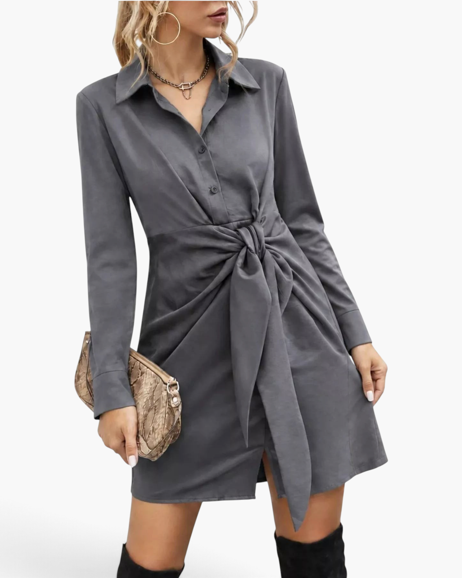 Beach Rose Co. charcoal mini shirt dress with a pointed collar, long sleeves, and a statement tie-front waist detail.