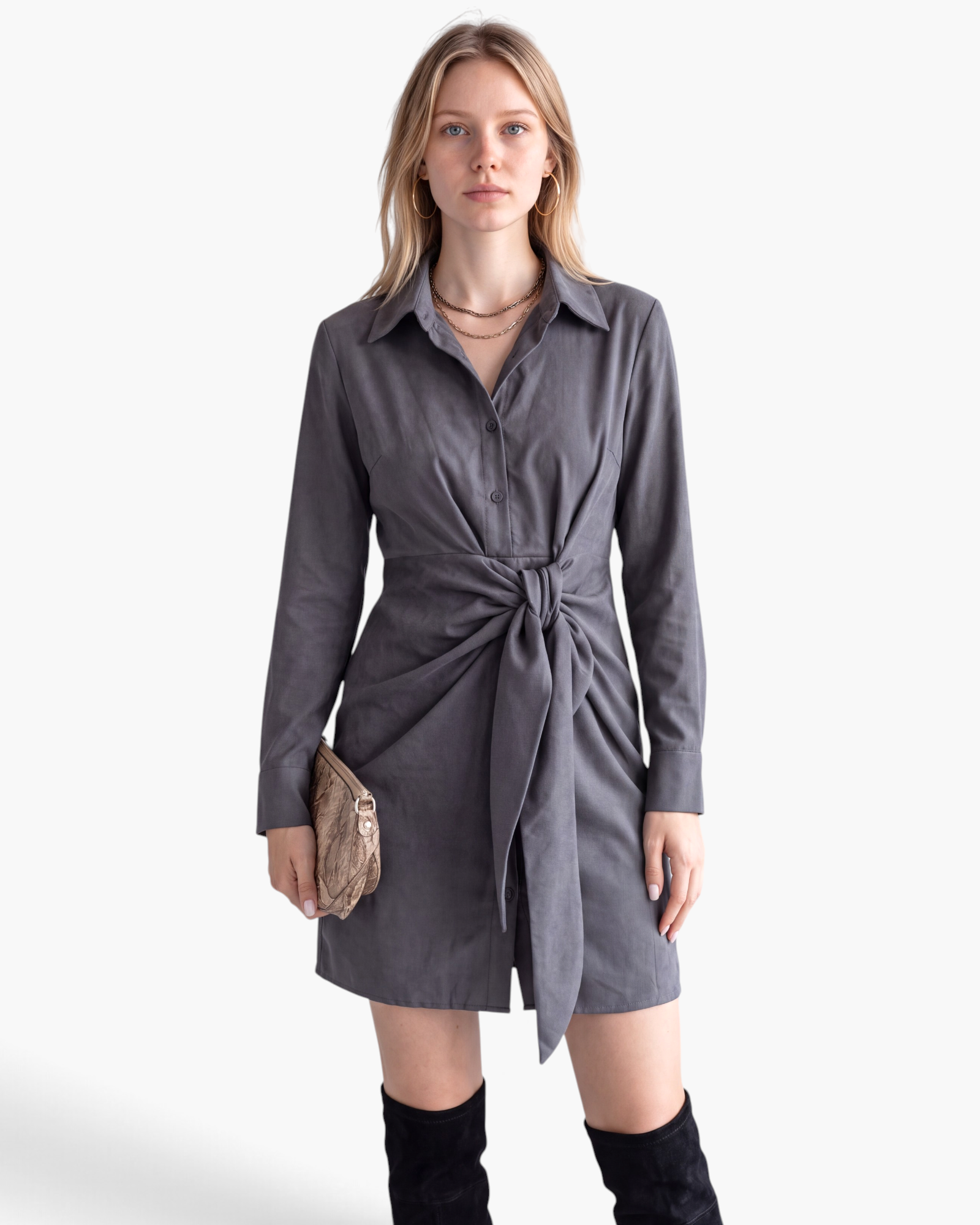 Beach Rose Co. charcoal mini shirt dress with a pointed collar, long sleeves, and a statement tie-front waist detail.