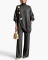 Beach Rose Co. charcoal grey knit turtleneck tunic and wide-leg pants set with oversized gold decorative buttons.