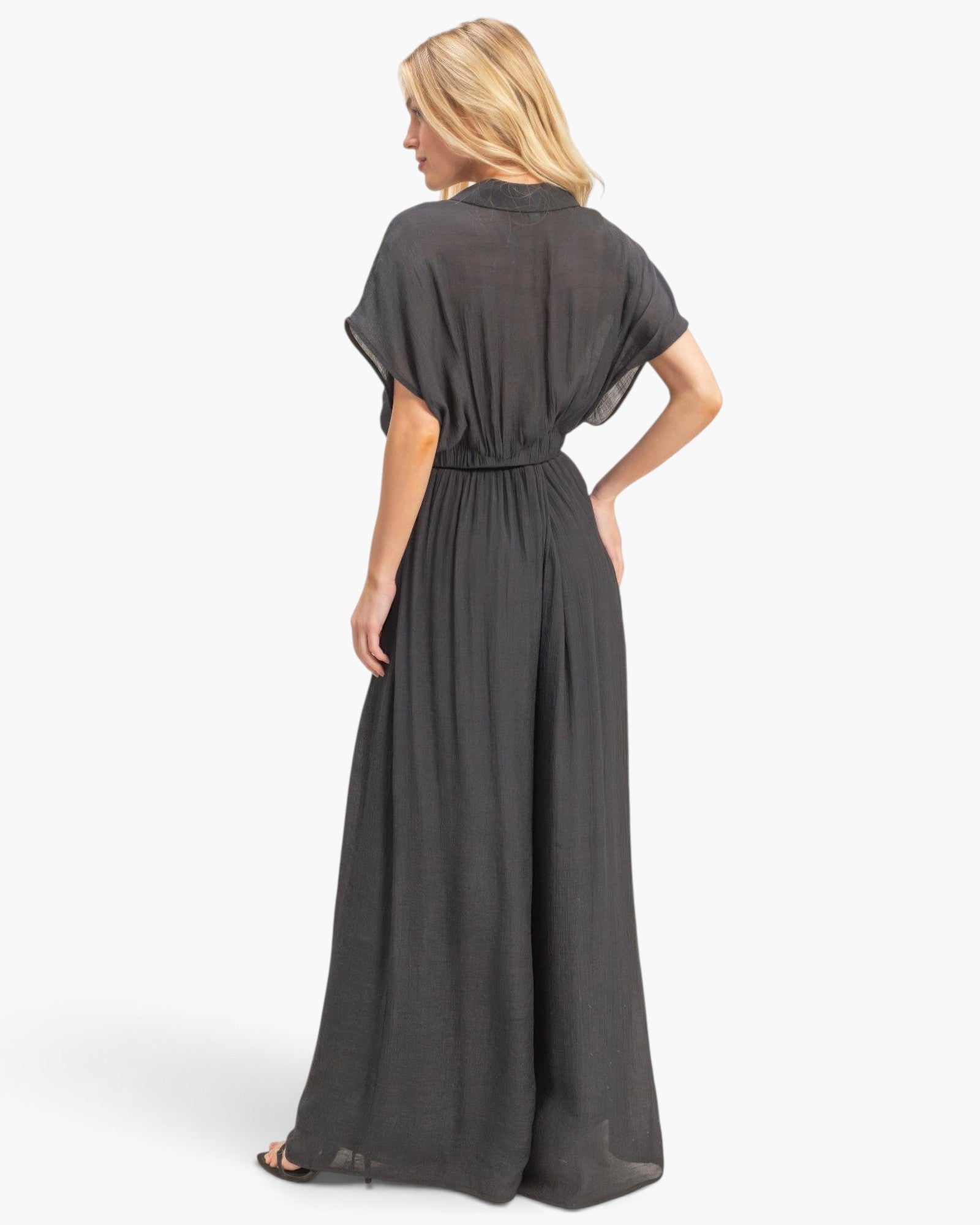 Beach Rose Co. charcoal grey cotton-blend collared wrap top and wide-leg pants set worn by a blonde model, back view.