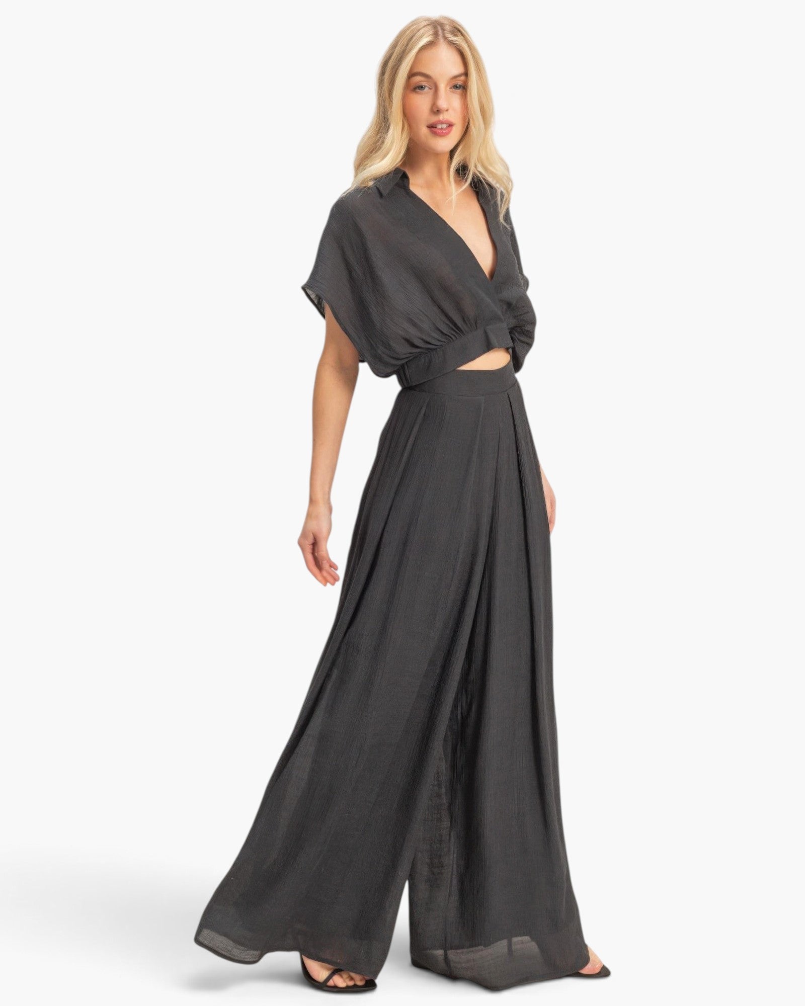 Beach Rose Co. charcoal grey cotton-blend two-piece set with a collared wrap top and flowing wide-leg pants on model