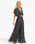 Beach Rose Co. charcoal grey cotton-blend two-piece set with a collared wrap top and flowing wide-leg pants on model
