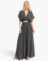Beach Rose Co. charcoal grey two-piece set with a cropped collared wrap top and flowing pleated wide-leg pants.