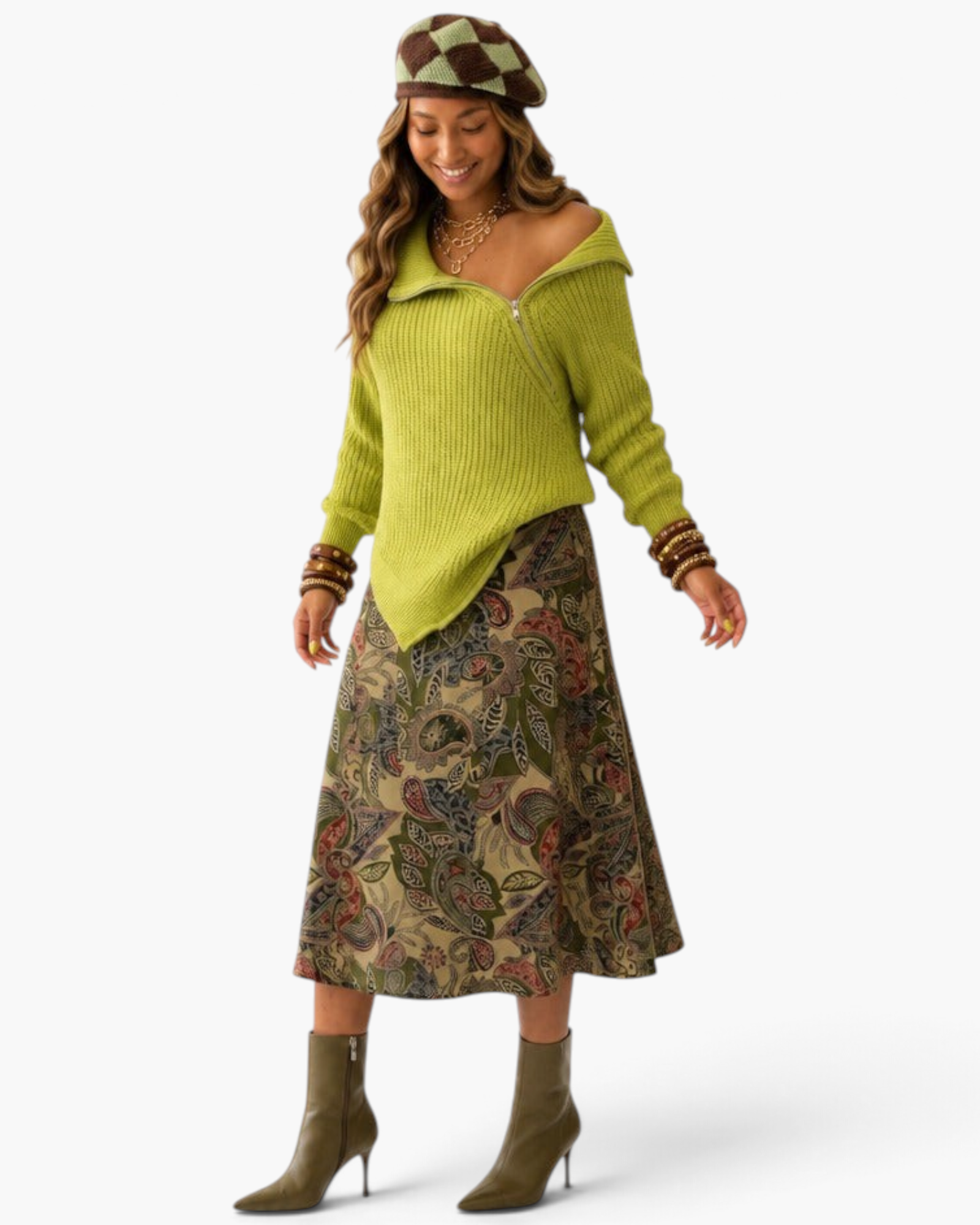 Beach Rose Co. chartreuse ribbed knit sweater with an asymmetrical zipper and fold-over collar worn by a model.