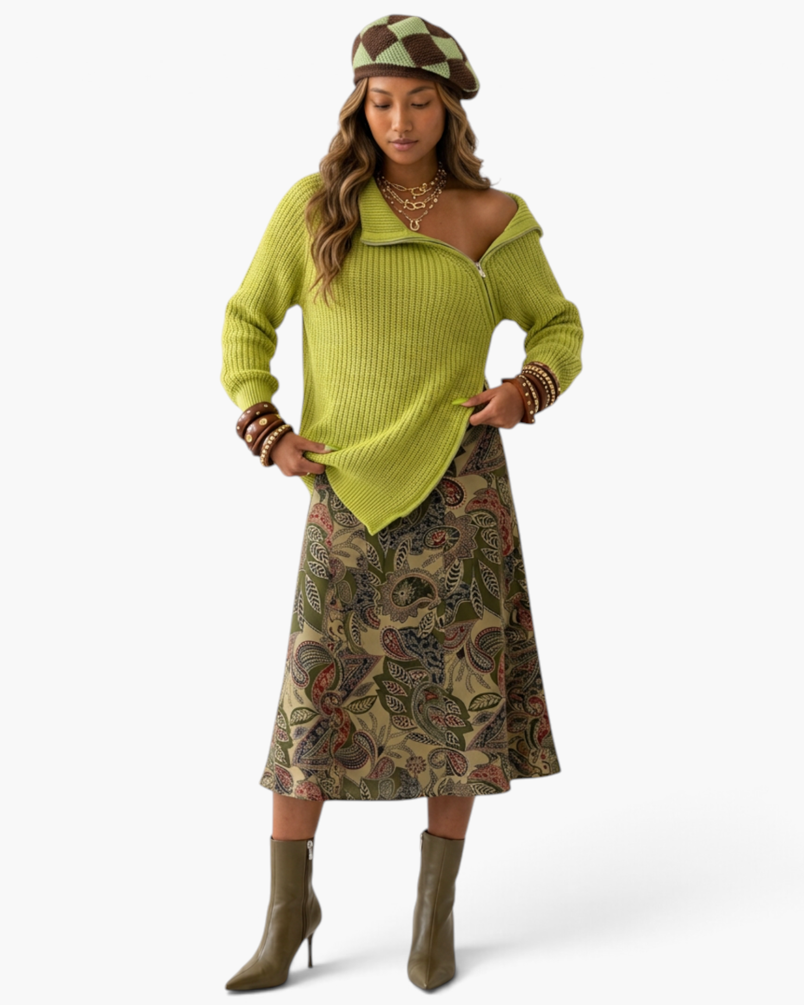 Beach Rose Co. chartreuse ribbed knit sweater with asymmetrical zip, worn by a model with a patterned beret and skirt.