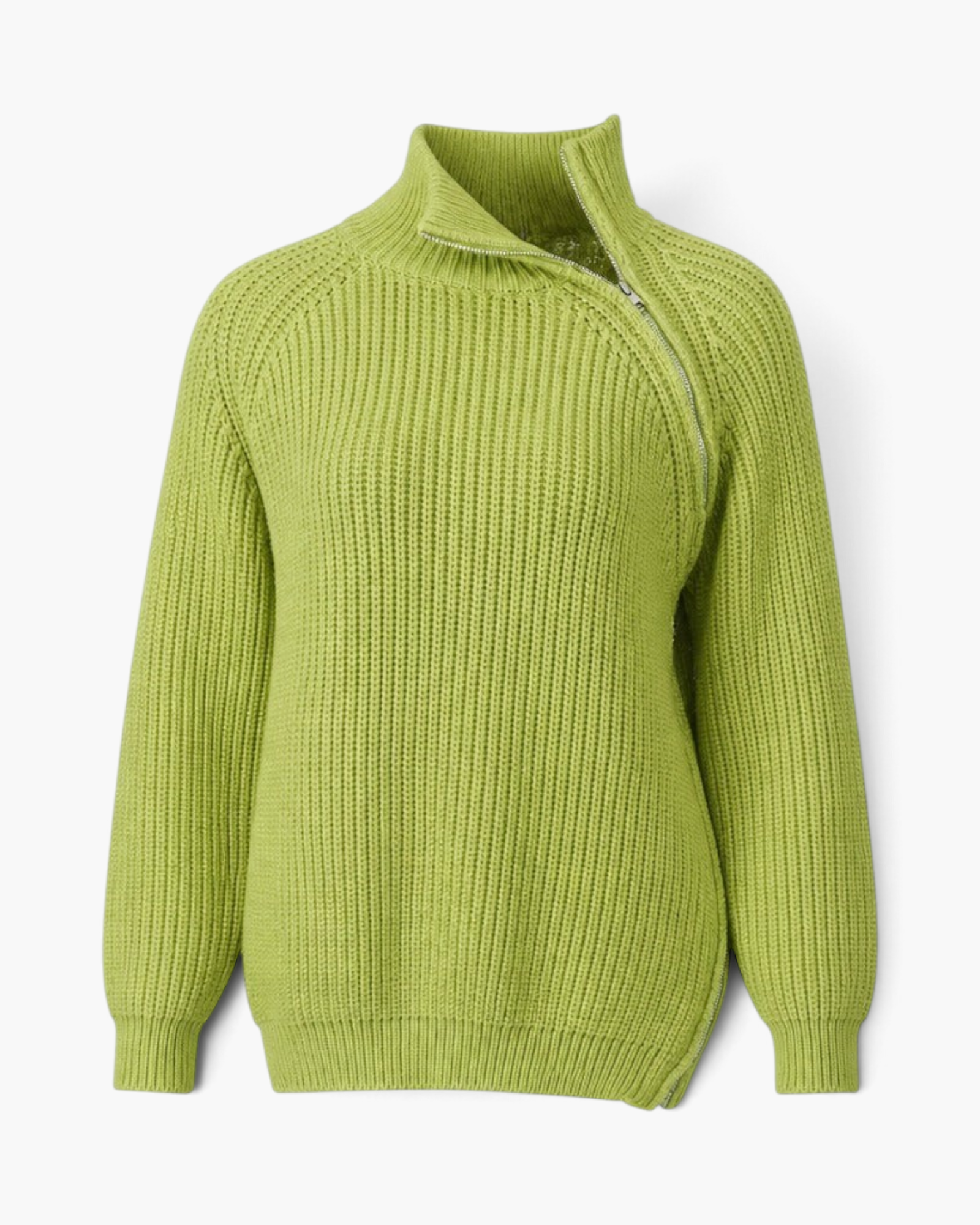 Beach Rose Co. chartreuse ribbed knit sweater with an asymmetrical zip collar and relaxed fit.
