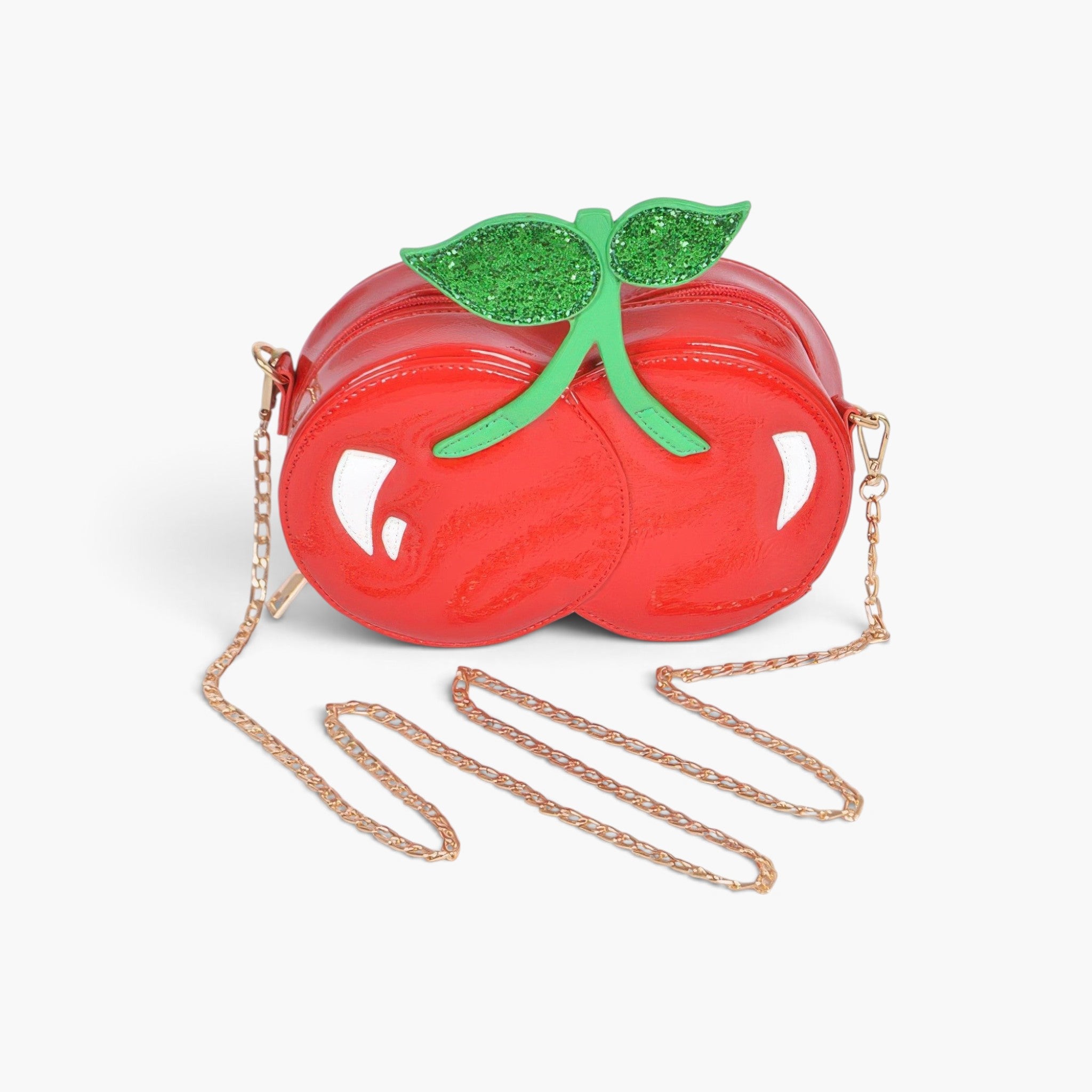 Beach Rose Co. Yummy Cherry Clutch in red polyurethane with glittery green leaves and a gold chain shoulder strap.