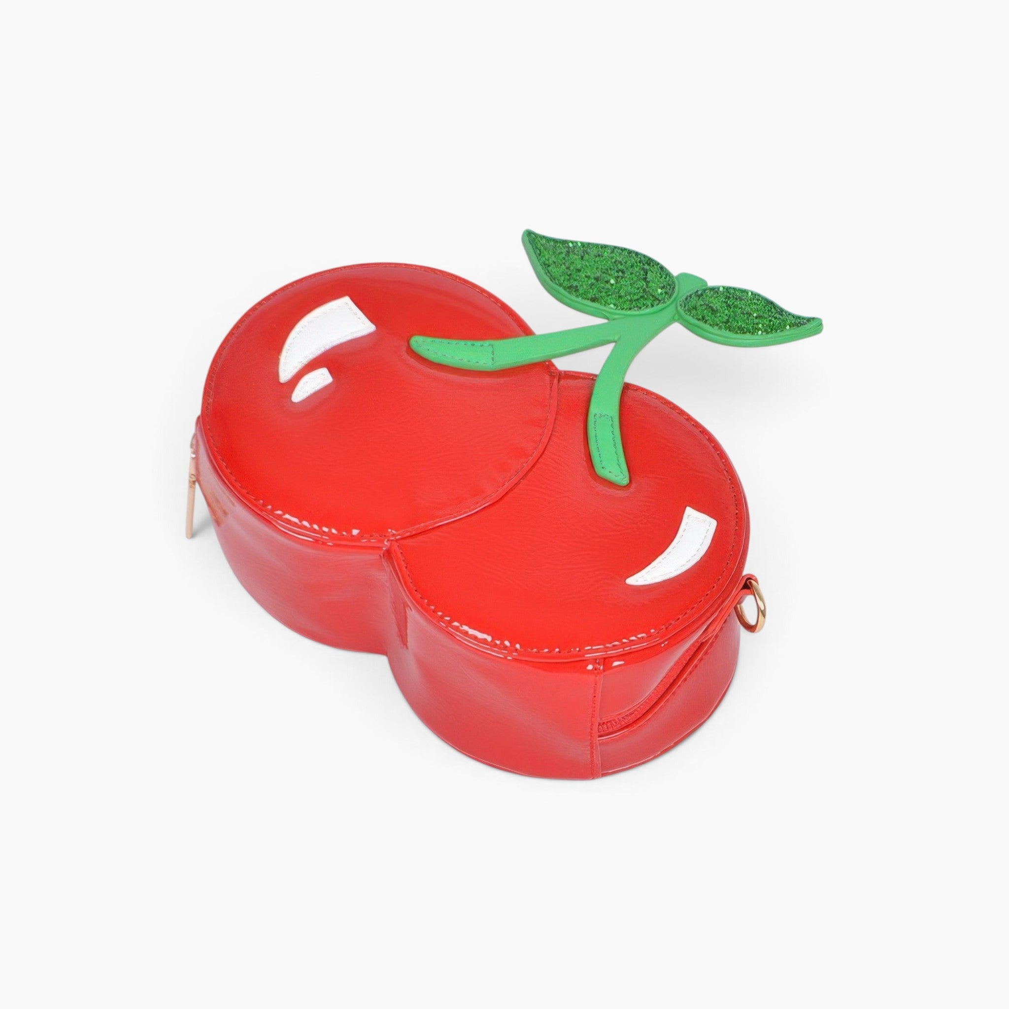 Beach Rose Co. Yummy Cherry Clutch in glossy red polyurethane with green glitter leaf accents and metal hardware.