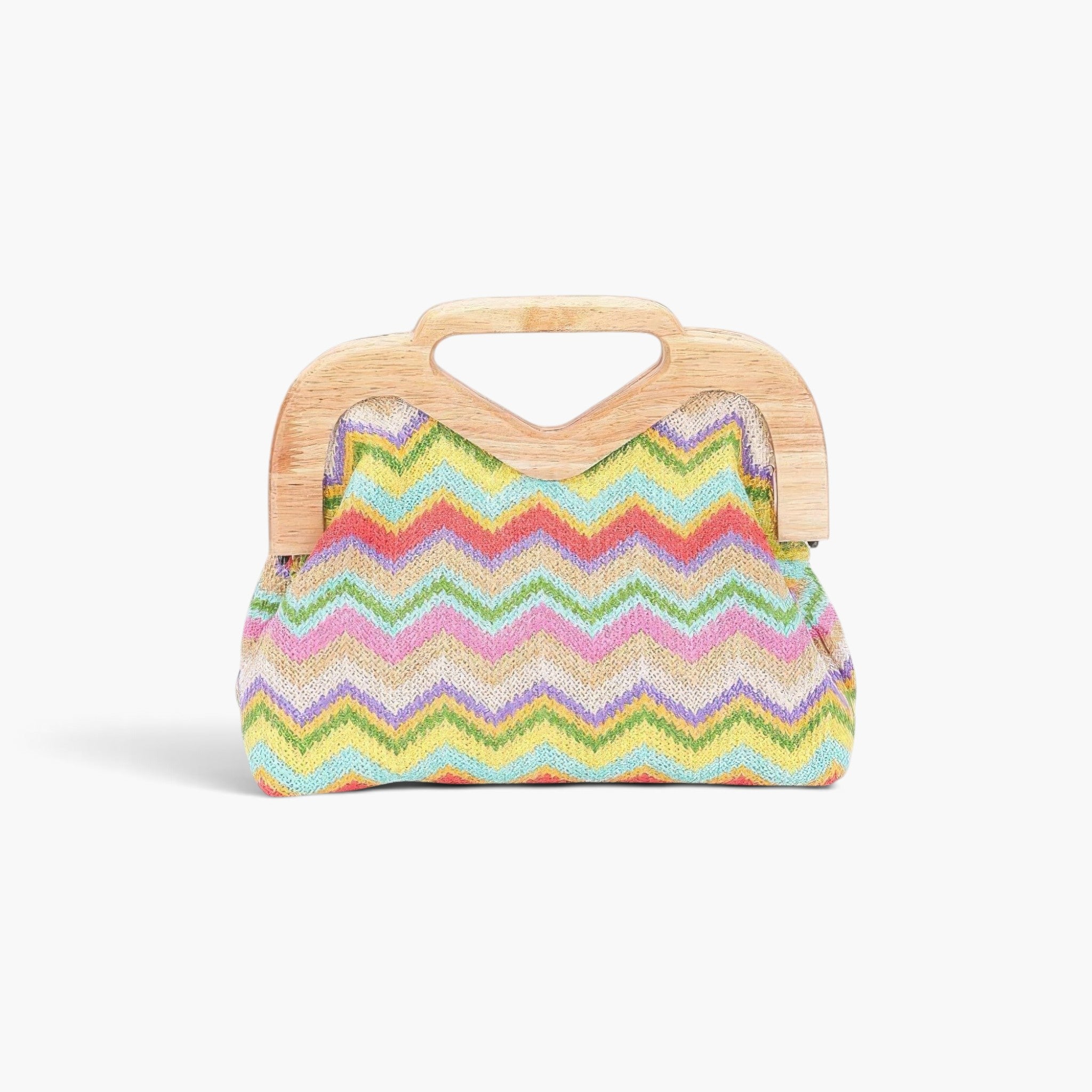 Beach Rose Co. clutch featuring a light wood frame and a colorful chevron pattern in faux straw fabric